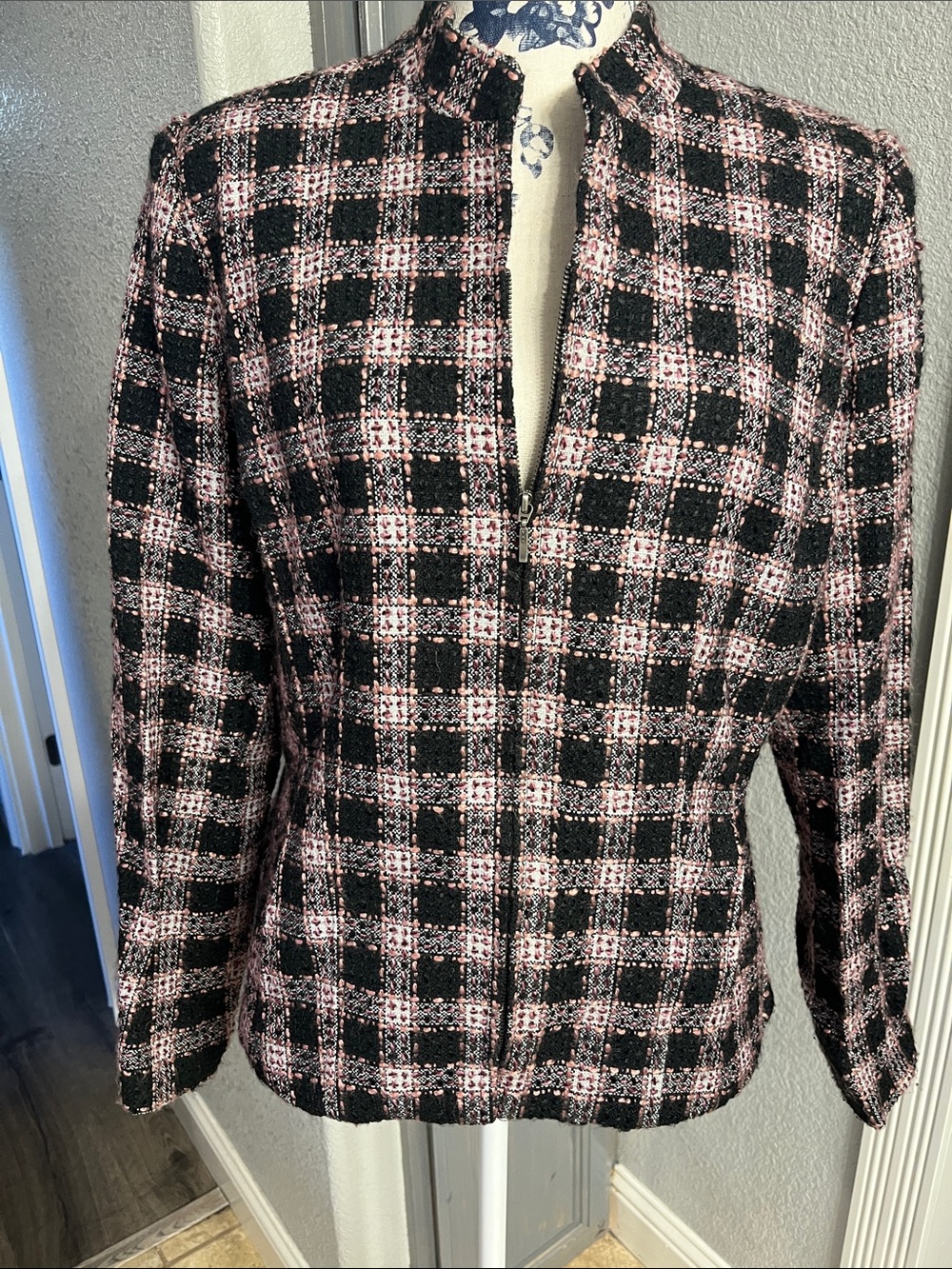 Dress Barn Pink and Black Plaid Tweed Zip Blazer